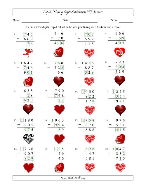 The Cupid's Missing Digits Subtraction (Easier Version) (F) Math Worksheet Page 2