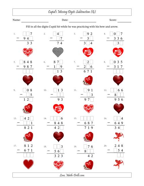 The Cupid's Missing Digits Subtraction (Easier Version) (G) Math Worksheet