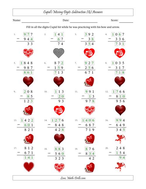 The Cupid's Missing Digits Subtraction (Easier Version) (G) Math Worksheet Page 2