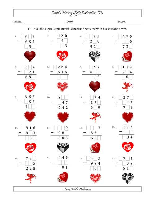 The Cupid's Missing Digits Subtraction (Easier Version) (H) Math Worksheet