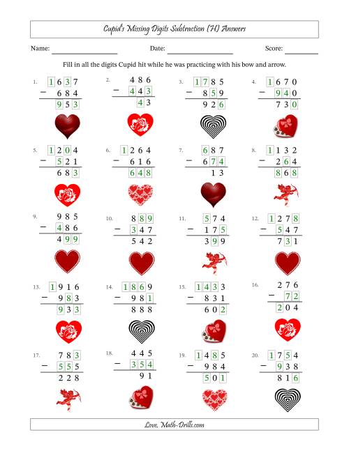 The Cupid's Missing Digits Subtraction (Easier Version) (H) Math Worksheet Page 2
