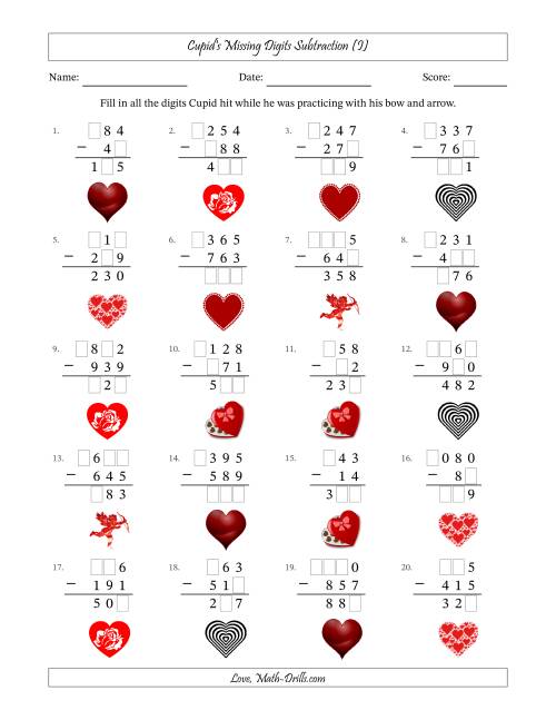 The Cupid's Missing Digits Subtraction (Easier Version) (I) Math Worksheet