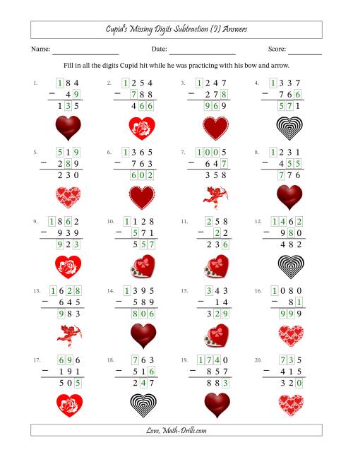 The Cupid's Missing Digits Subtraction (Easier Version) (I) Math Worksheet Page 2