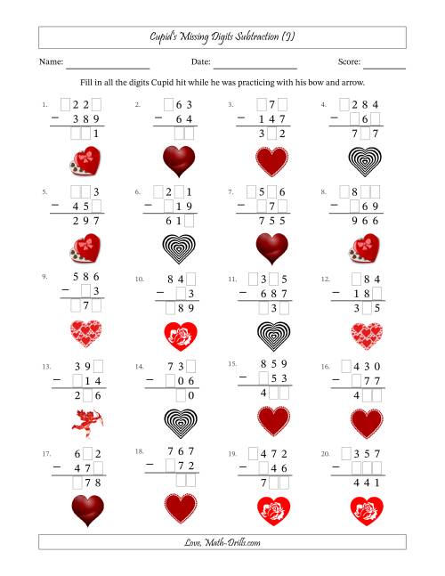 The Cupid's Missing Digits Subtraction (Easier Version) (J) Math Worksheet