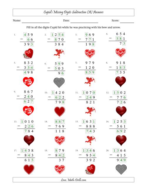 The Cupid's Missing Digits Subtraction (Easier Version) (All) Math Worksheet Page 2