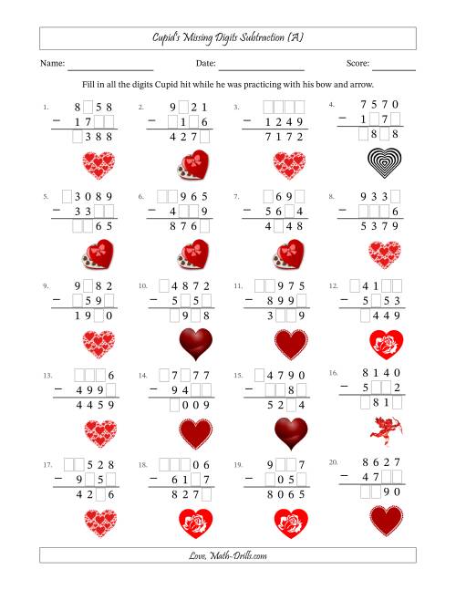 The Cupid's Missing Digits Subtraction (Harder Version) (A) Math Worksheet