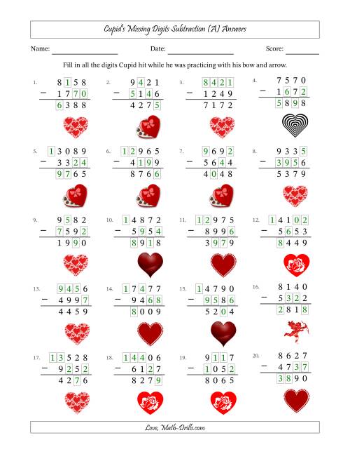The Cupid's Missing Digits Subtraction (Harder Version) (A) Math Worksheet Page 2
