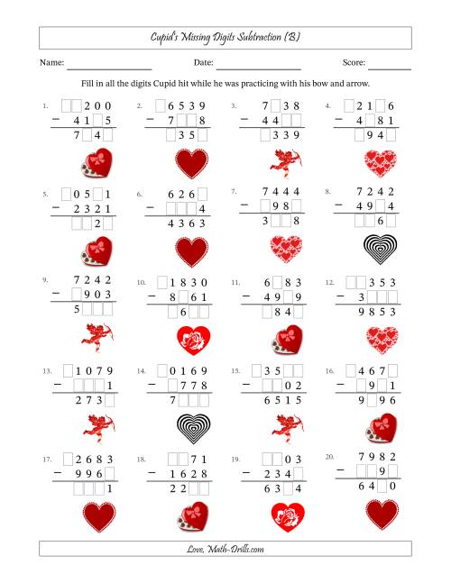 The Cupid's Missing Digits Subtraction (Harder Version) (B) Math Worksheet