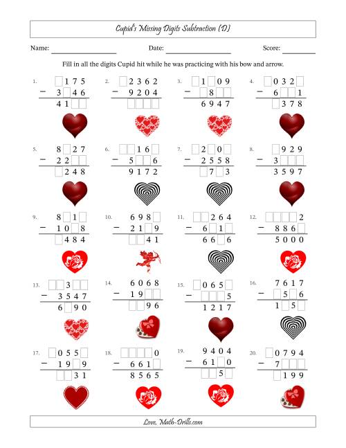 The Cupid's Missing Digits Subtraction (Harder Version) (D) Math Worksheet