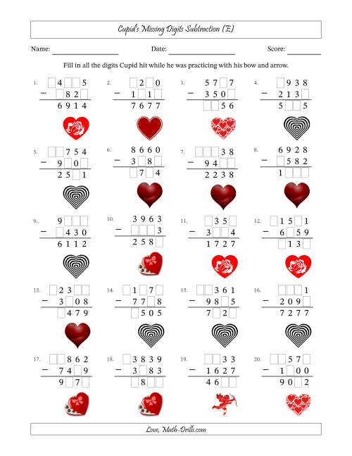 The Cupid's Missing Digits Subtraction (Harder Version) (E) Math Worksheet