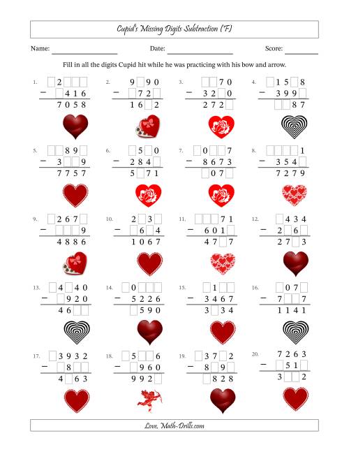 The Cupid's Missing Digits Subtraction (Harder Version) (F) Math Worksheet