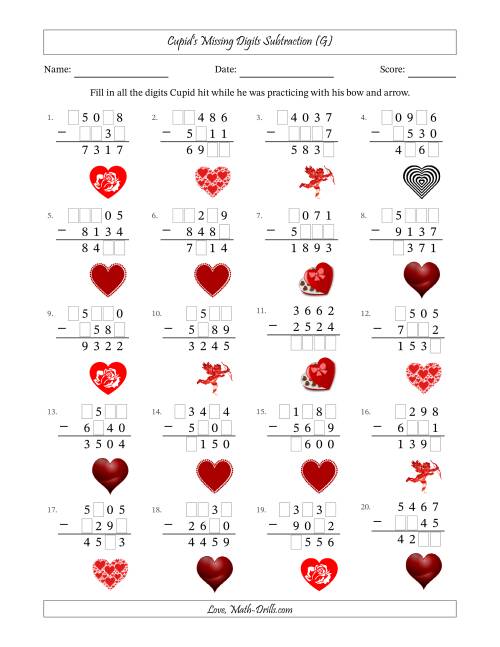 The Cupid's Missing Digits Subtraction (Harder Version) (G) Math Worksheet