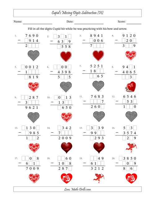 The Cupid's Missing Digits Subtraction (Harder Version) (H) Math Worksheet