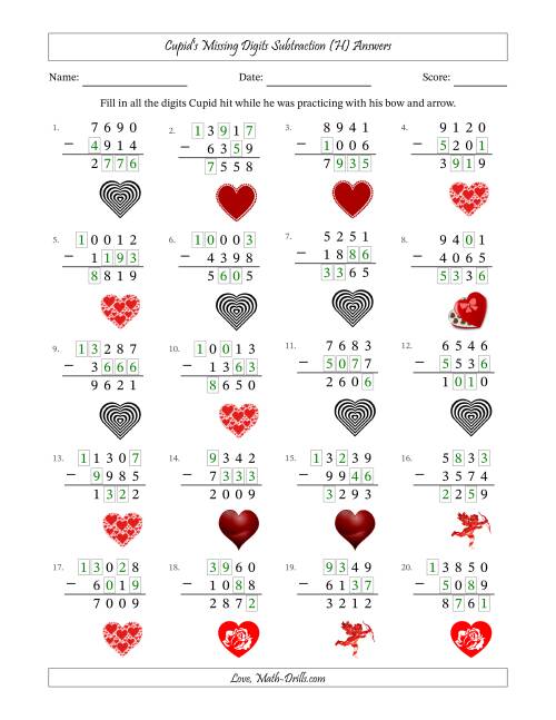 The Cupid's Missing Digits Subtraction (Harder Version) (H) Math Worksheet Page 2