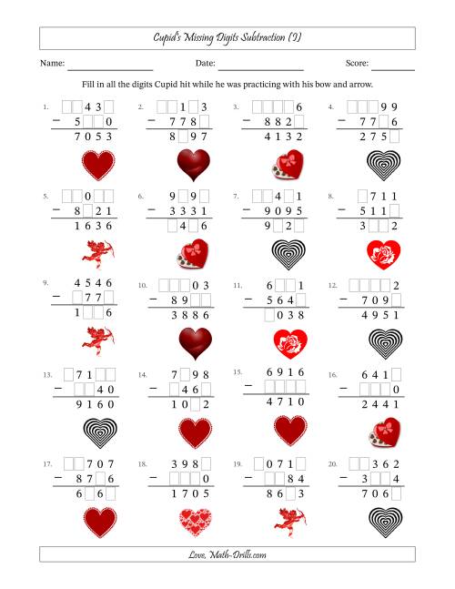 The Cupid's Missing Digits Subtraction (Harder Version) (I) Math Worksheet