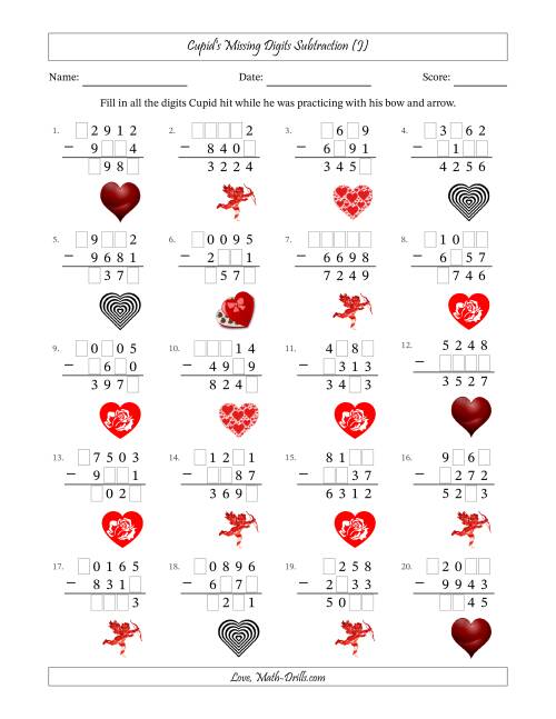 The Cupid's Missing Digits Subtraction (Harder Version) (J) Math Worksheet