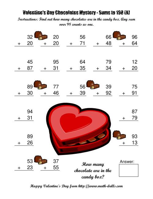 The Chocolates Mystery Two-Digit Plus Two-Digit Addition (A) Math Worksheet