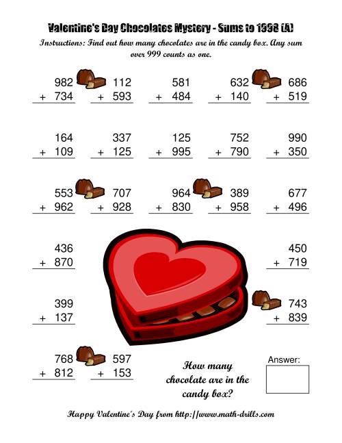 The Chocolates Mystery Three-Digit Plus Three-Digit Addition (A) Math Worksheet