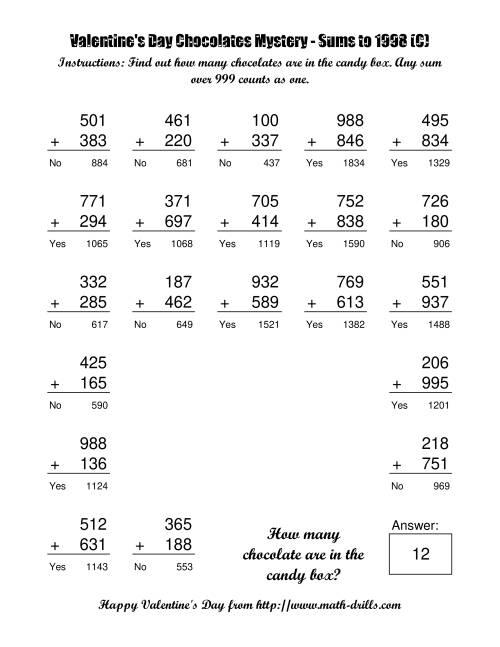 The Chocolates Mystery Three-Digit Plus Three-Digit Addition (C) Math Worksheet Page 2
