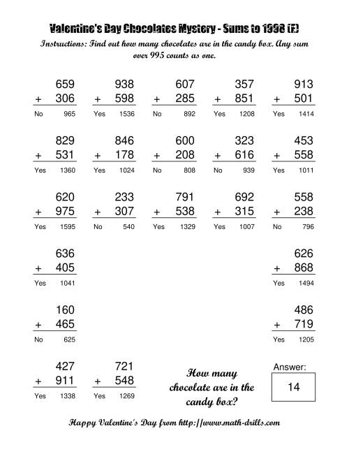 The Chocolates Mystery Three-Digit Plus Three-Digit Addition (E) Math Worksheet Page 2