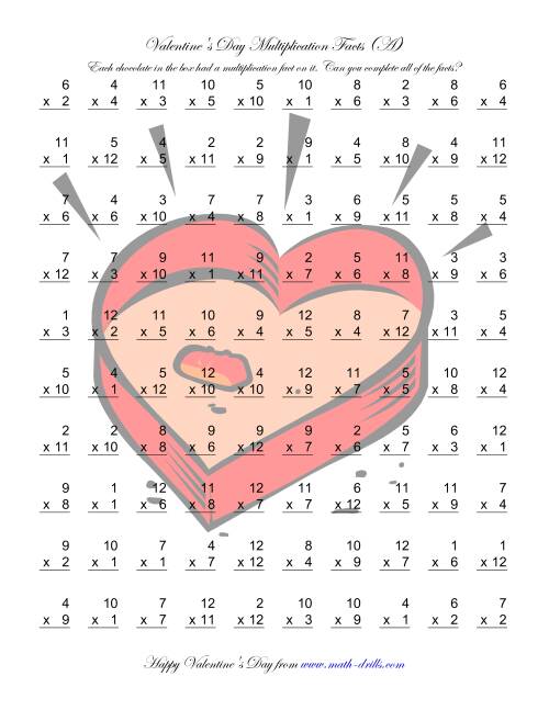 Multiplication Facts to 144 (A) Valentine's Day Math Worksheet
