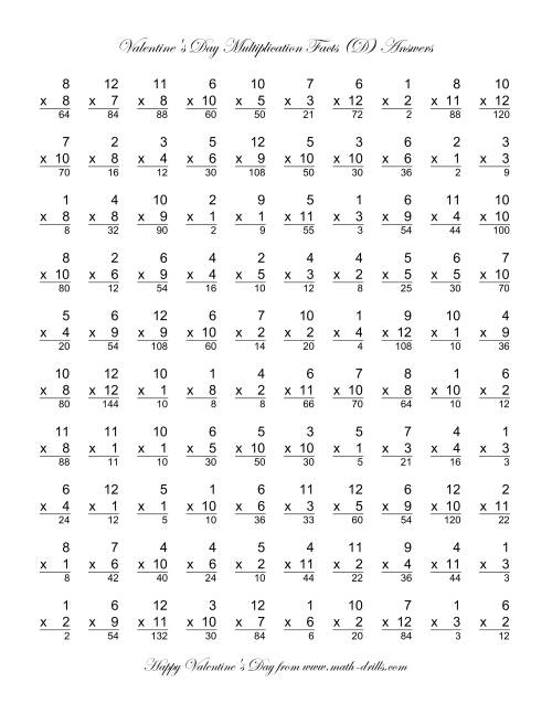 The Multiplication Facts to 144 (D) Math Worksheet Page 2