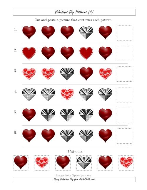 The Valentines Day Picture Patterns with Shape Attribute Only (E) Math Worksheet