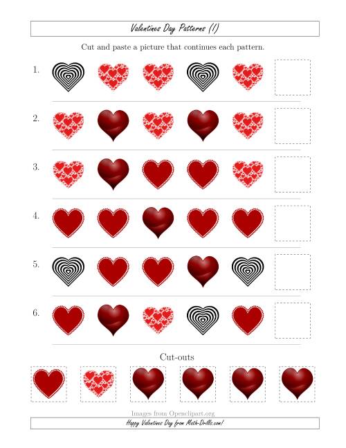 The Valentines Day Picture Patterns with Shape Attribute Only (I) Math Worksheet