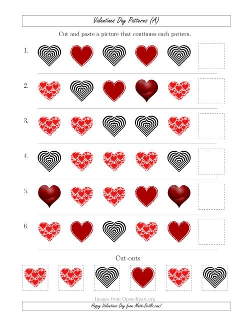 The Valentines Day Picture Patterns with Shape Attribute Only (All) Math Worksheet