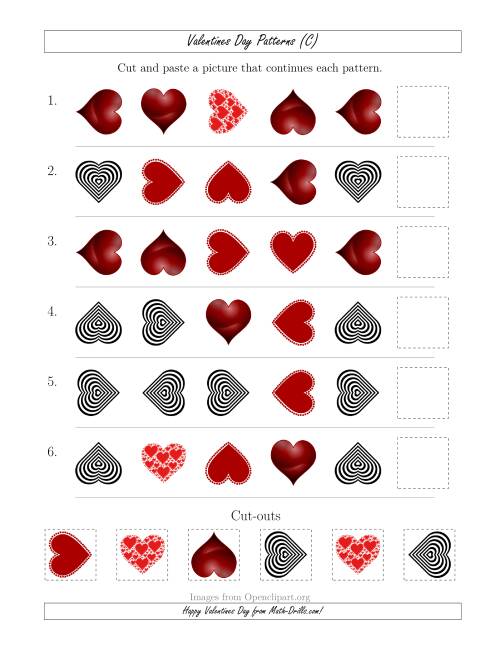 The Valentines Day Picture Patterns with Shape and Rotation Attributes (C) Math Worksheet