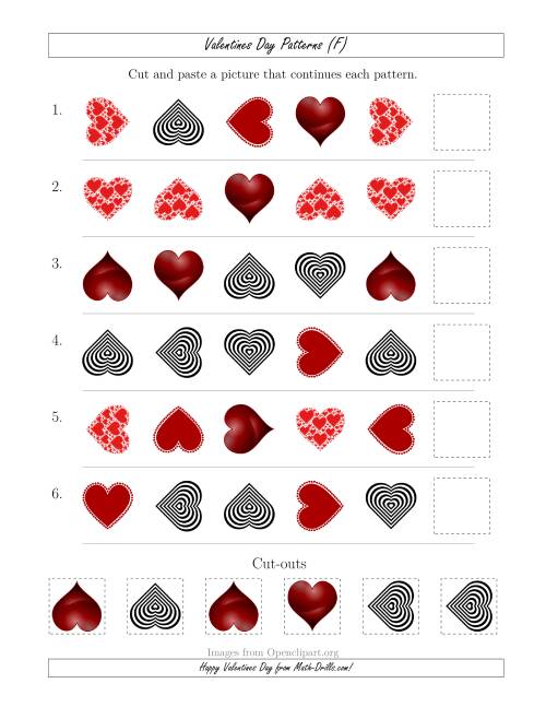 The Valentines Day Picture Patterns with Shape and Rotation Attributes (F) Math Worksheet