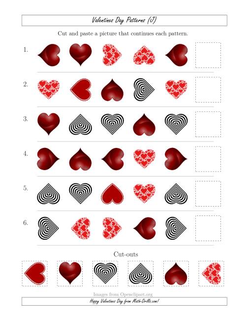 The Valentines Day Picture Patterns with Shape and Rotation Attributes (J) Math Worksheet