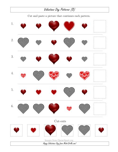 The Valentines Day Picture Patterns with Shape and Size Attributes (B) Math Worksheet