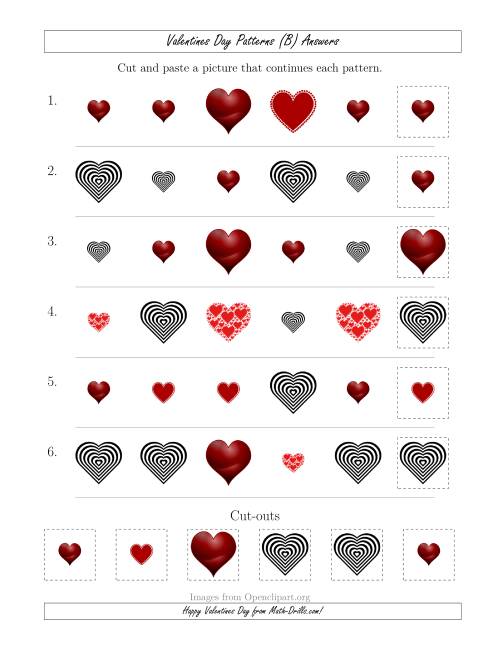 The Valentines Day Picture Patterns with Shape and Size Attributes (B) Math Worksheet Page 2