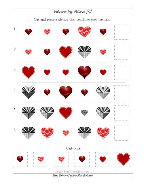 The Valentines Day Picture Patterns with Shape and Size Attributes (C) Math Worksheet