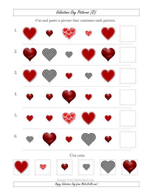 The Valentines Day Picture Patterns with Shape and Size Attributes (D) Math Worksheet