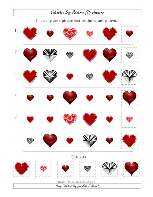 The Valentines Day Picture Patterns with Shape and Size Attributes (D) Math Worksheet Page 2