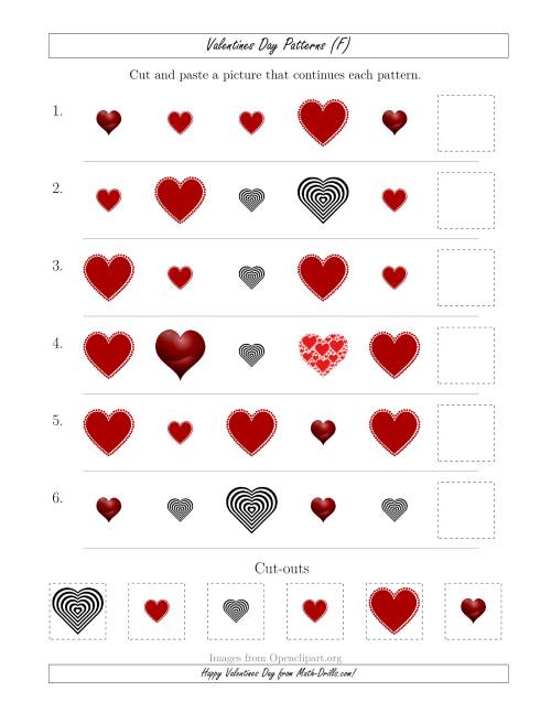 The Valentines Day Picture Patterns with Shape and Size Attributes (F) Math Worksheet