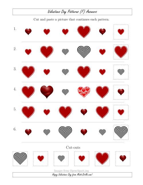 The Valentines Day Picture Patterns with Shape and Size Attributes (F) Math Worksheet Page 2