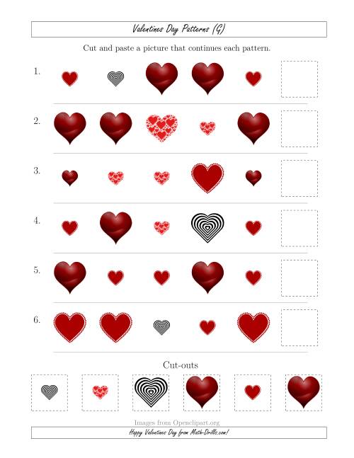 The Valentines Day Picture Patterns with Shape and Size Attributes (G) Math Worksheet