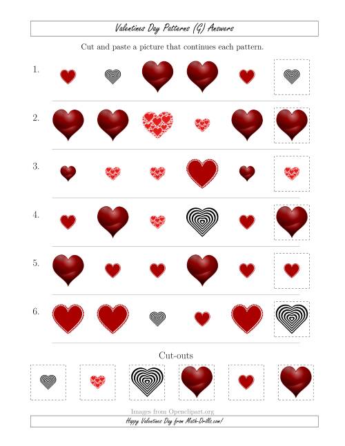 The Valentines Day Picture Patterns with Shape and Size Attributes (G) Math Worksheet Page 2