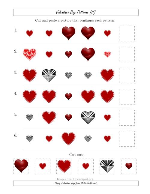 The Valentines Day Picture Patterns with Shape and Size Attributes (H) Math Worksheet