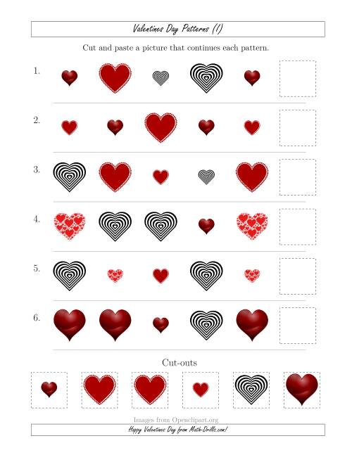 The Valentines Day Picture Patterns with Shape and Size Attributes (I) Math Worksheet