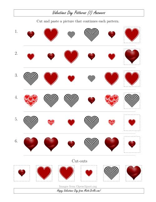 The Valentines Day Picture Patterns with Shape and Size Attributes (I) Math Worksheet Page 2