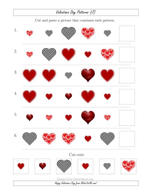 The Valentines Day Picture Patterns with Shape and Size Attributes (J) Math Worksheet