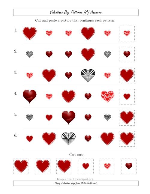 The Valentines Day Picture Patterns with Shape and Size Attributes (All) Math Worksheet Page 2