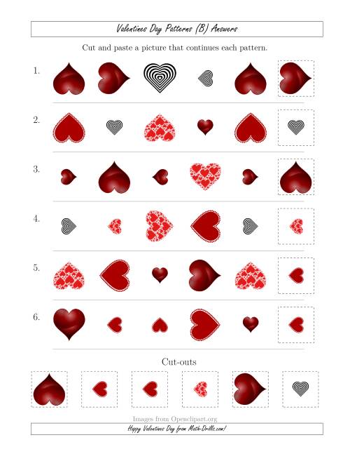 The Valentines Day Picture Patterns with Shape, Size and Rotation Attributes (B) Math Worksheet Page 2