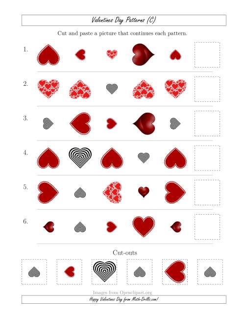The Valentines Day Picture Patterns with Shape, Size and Rotation Attributes (C) Math Worksheet