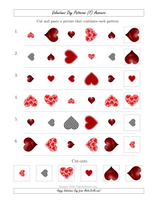 The Valentines Day Picture Patterns with Shape, Size and Rotation Attributes (F) Math Worksheet Page 2