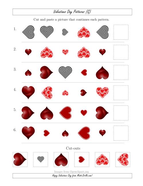 The Valentines Day Picture Patterns with Shape, Size and Rotation Attributes (G) Math Worksheet